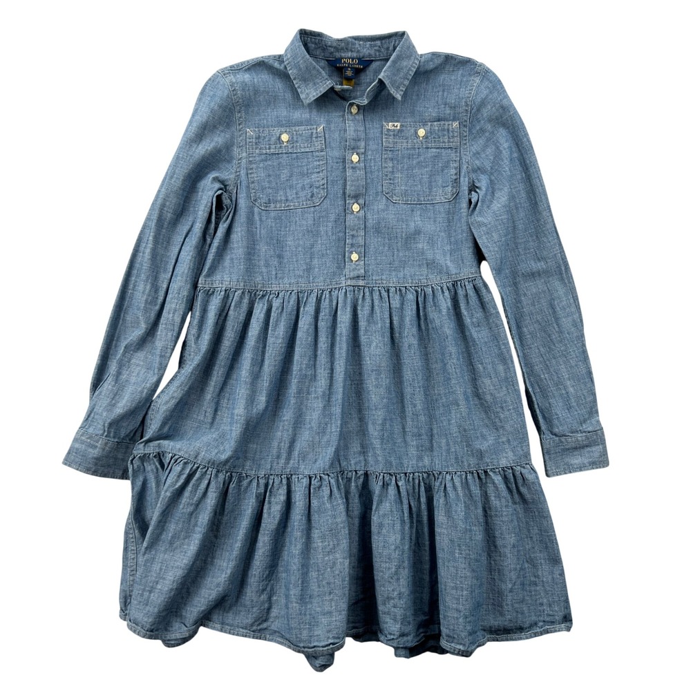 Polo Ralph Lauren Denim Chambray Tiered Dress Girls 16 Blue Long Sleeve Casual